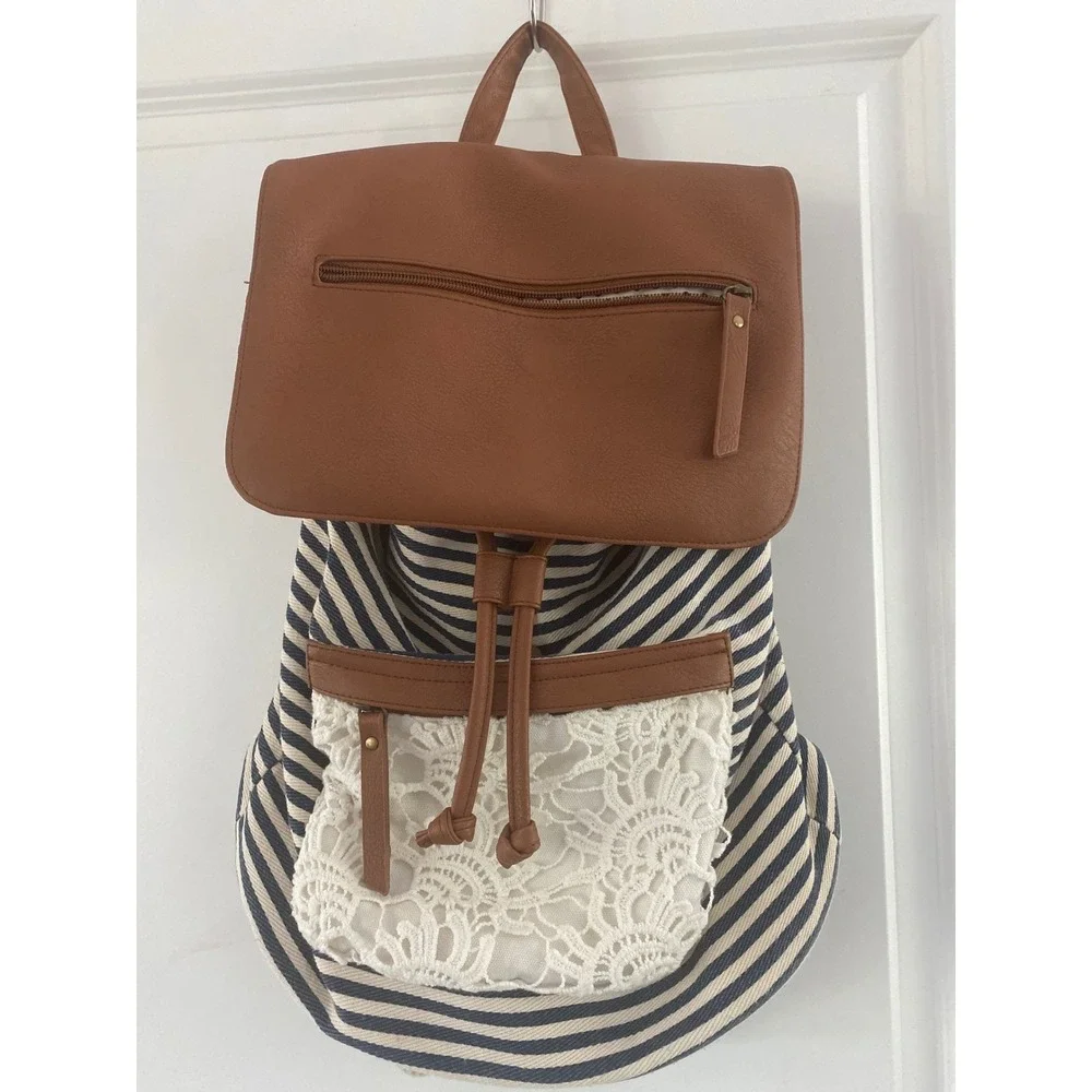 Madden Girl Striped Canvas Backpack Blue White Lace Brown Faux‎ Leather Boho Bag